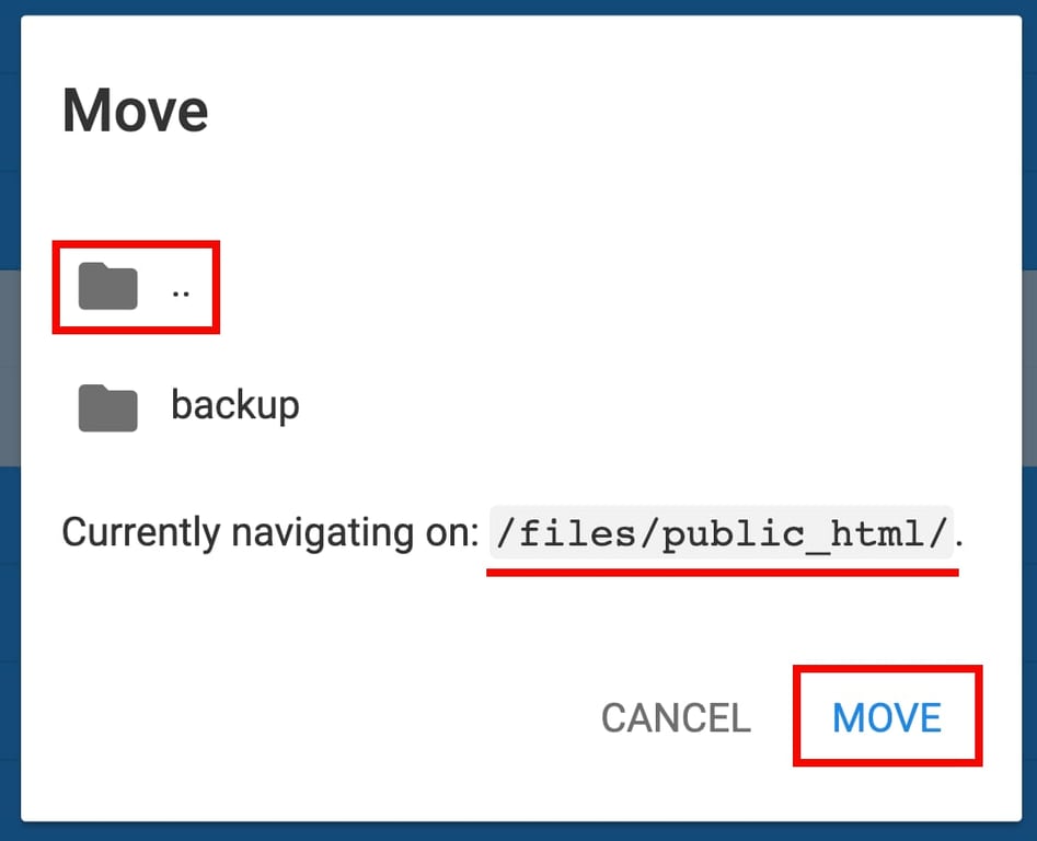File manager move dialog showing current path /files/public_html/ and Move button highlighted