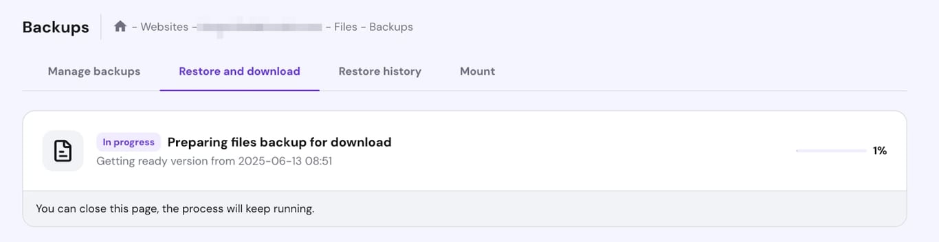 Hostinger backups page with Restore and download tab selected, preparing files backup for download at 1%
