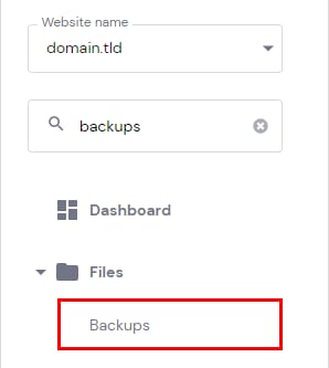 Hostinger dashboard sidebar with the Backups menu item highlighted under Files