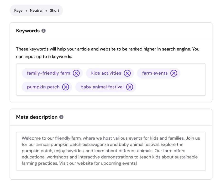 SEO settings with keywords and meta description for a family-friendly farm website