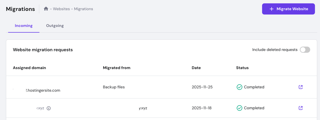 Hostinger migrations page showing completed incoming migration requests in the table