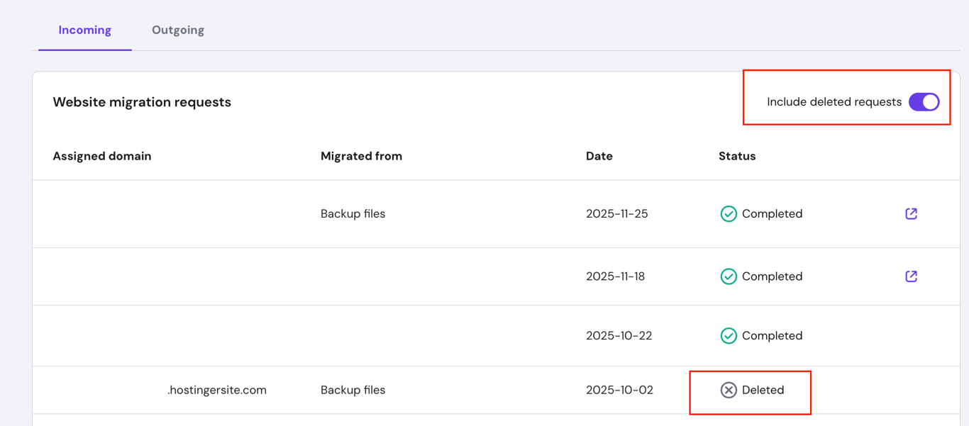 Hostinger website migration requests list with Include deleted requests toggle and a deleted status row highlighted