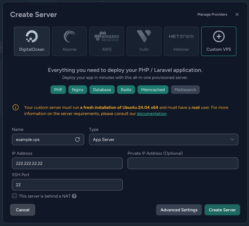 Custom VPS selected in Create Server form with server name, IP address, and SSH port fields