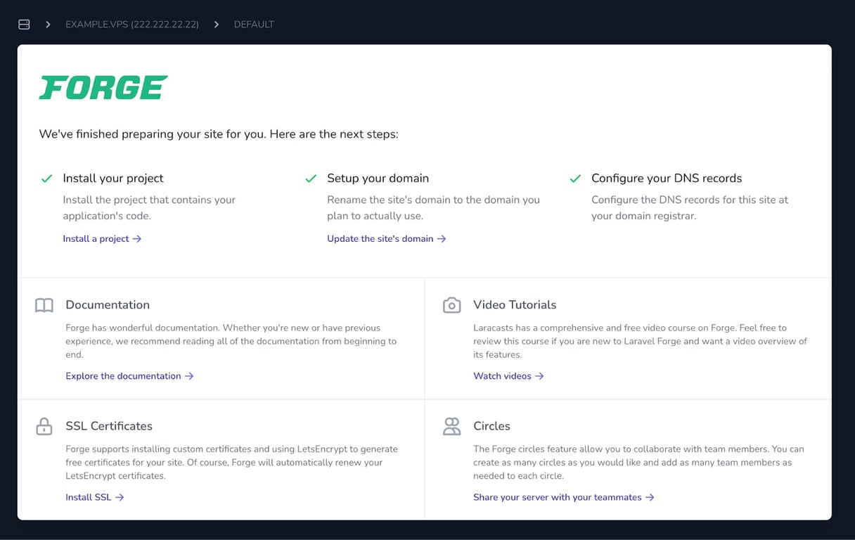 Laravel Forge dashboard on a VPS, showing next steps to install a project, set domain, and configure DNS records