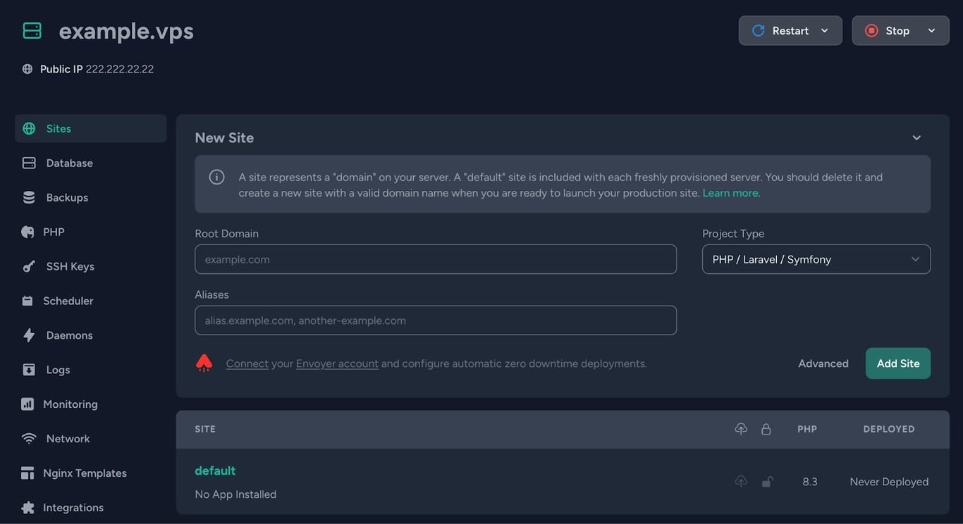 VPS control panel showing the New Site form with the Add Site button highlighted