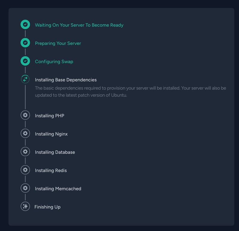 Hostinger VPS provisioning progress with “Installing Base Dependencies” active