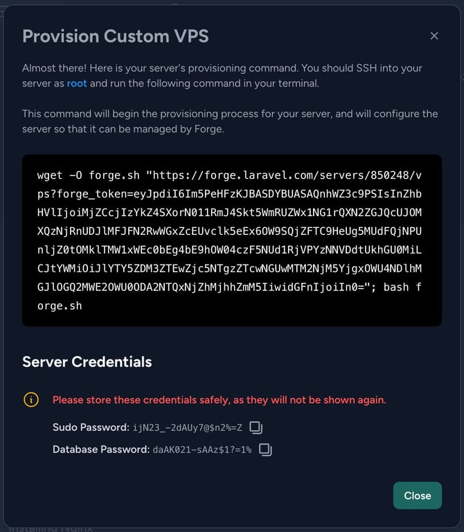 Hostinger VPS provisioning modal showing Forge install command and server credentials