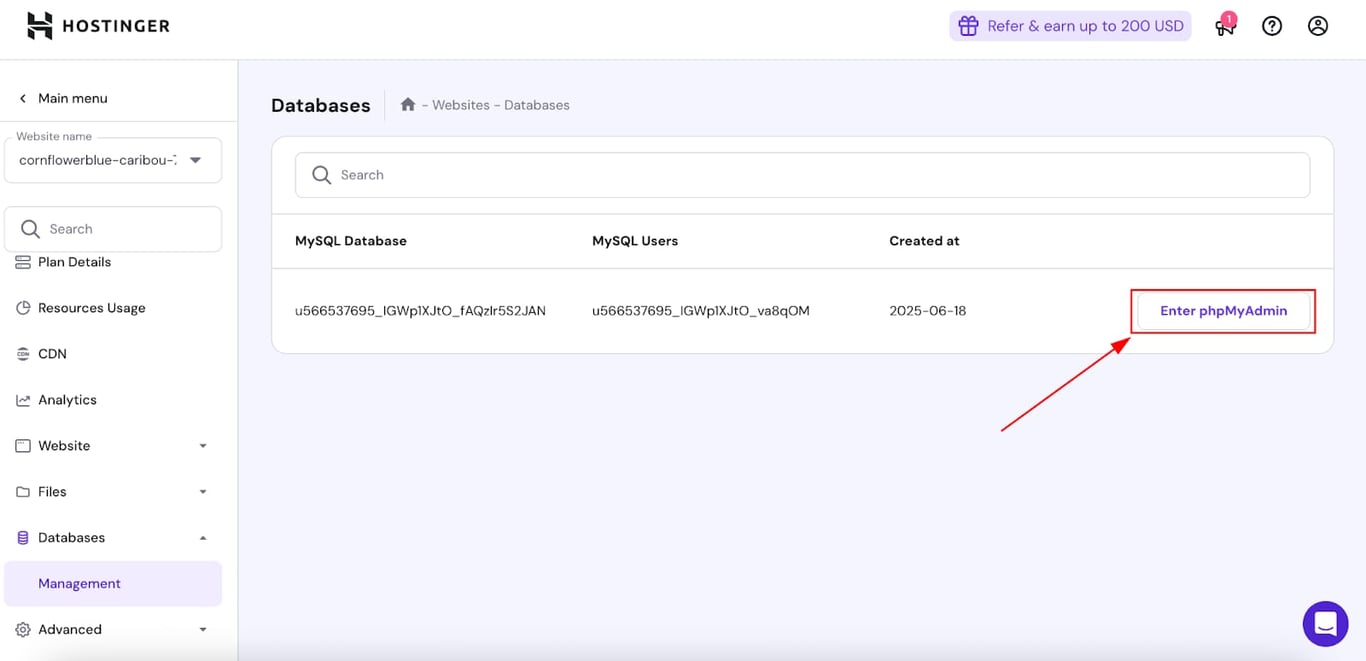 Hostinger Databases page with the Enter phpMyAdmin button highlighted