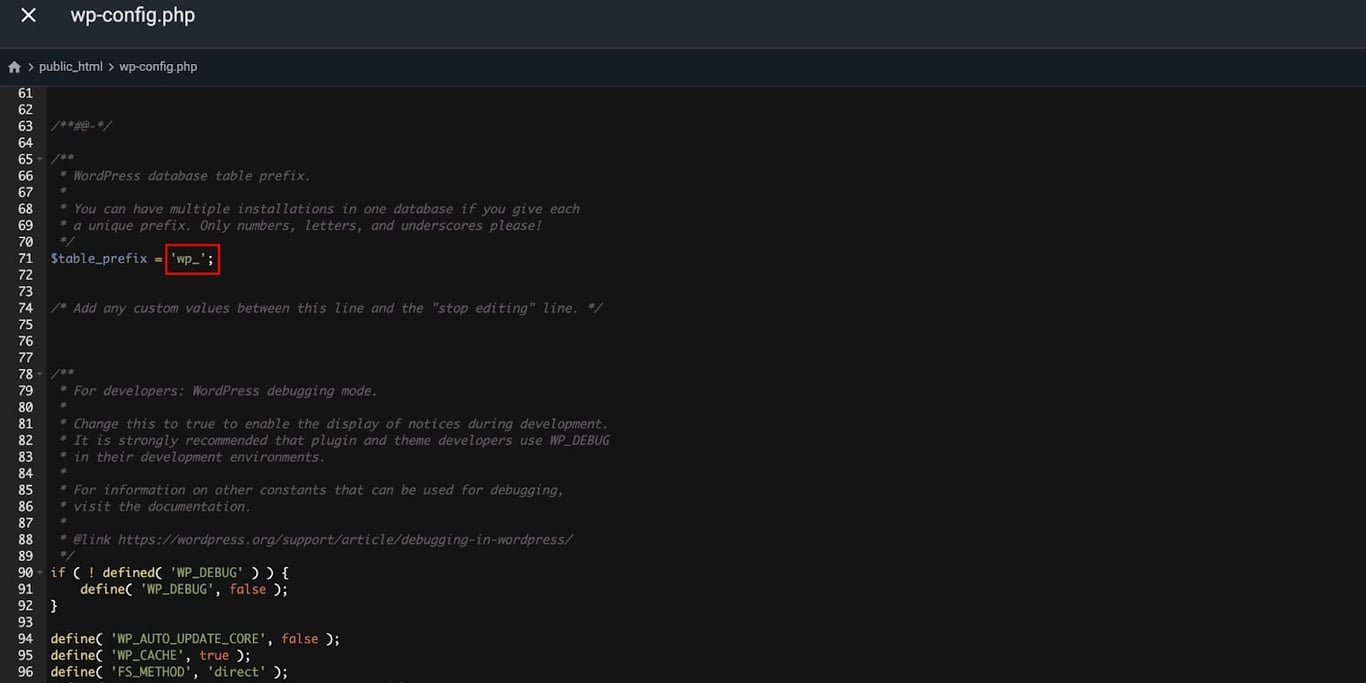 wp-config.php editor with highlighted table prefix wp_