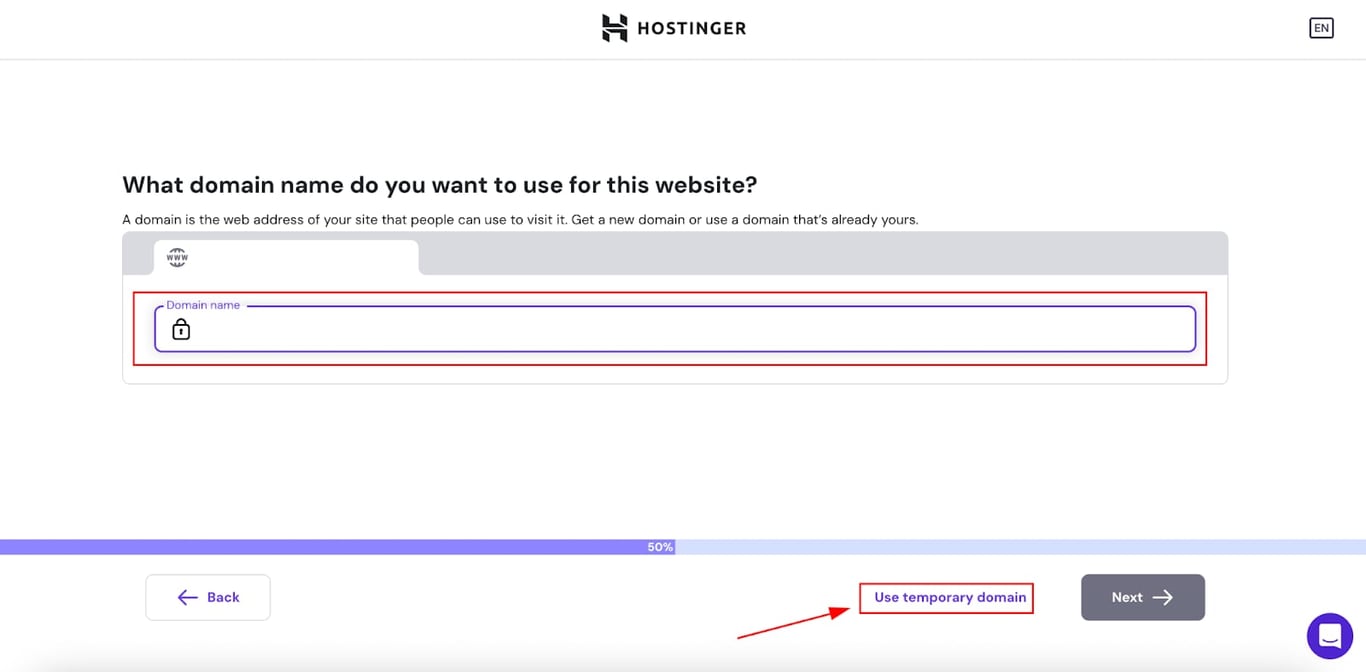 Hostinger website setup with Use temporary domain button highlighted