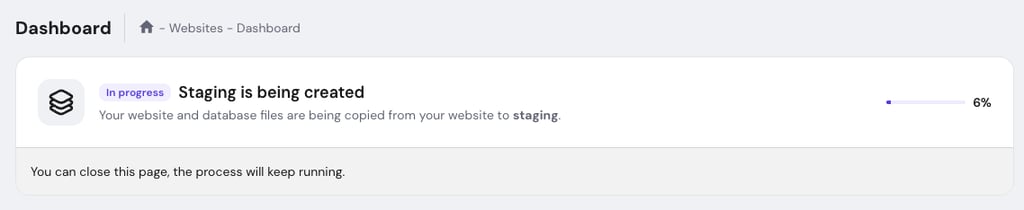 Dashboard showing staging being created, 6% complete