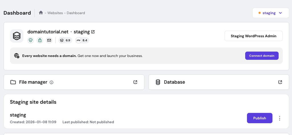 Staging website dashboard for domaintutorial.net with Publish button highlighted