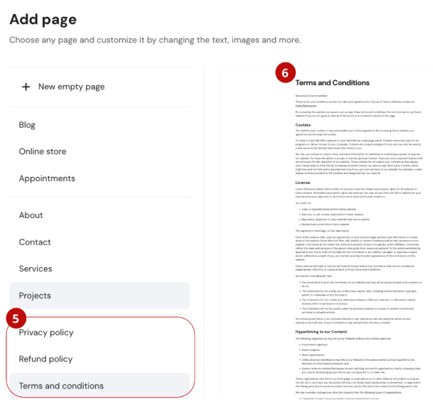 Website add page menu with Terms and conditions selected