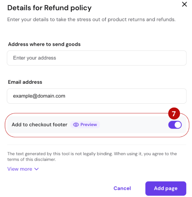 Refund policy page with address, email fields and highlighted Add to checkout footer toggle, Add page button