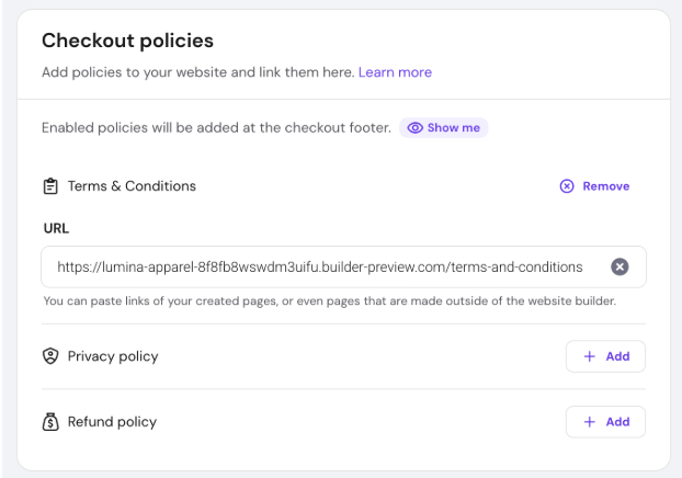 Checkout policies settings with Terms & Conditions URL filled and Privacy policy, Refund policy add buttons