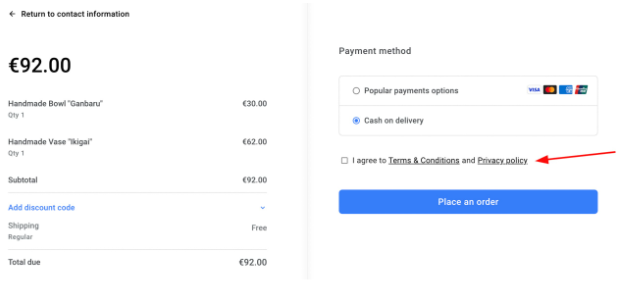 Checkout payment method with “I agree to Terms & Conditions and Privacy policy” checkbox highlighted