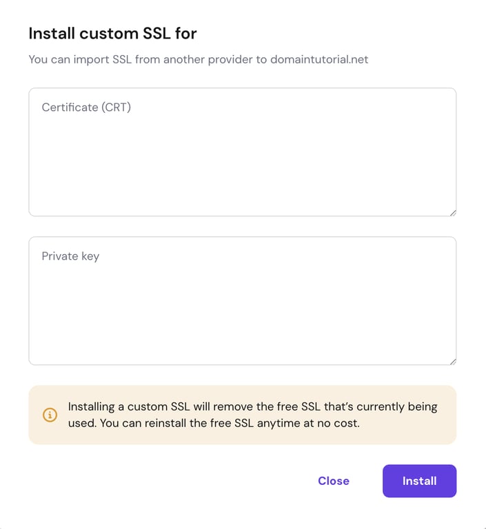 Custom SSL install dialog with certificate and private key fields and Install button