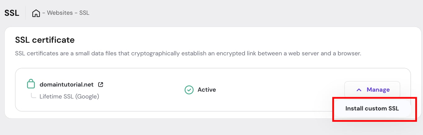 SSL page with Install custom SSL menu option highlighted