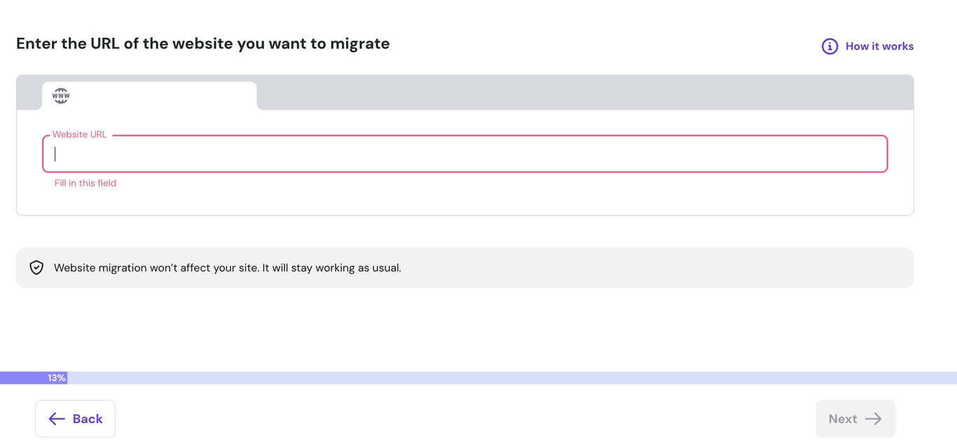 Migration form with Website URL field focused and required, Back button, Next disabled, 13% progress