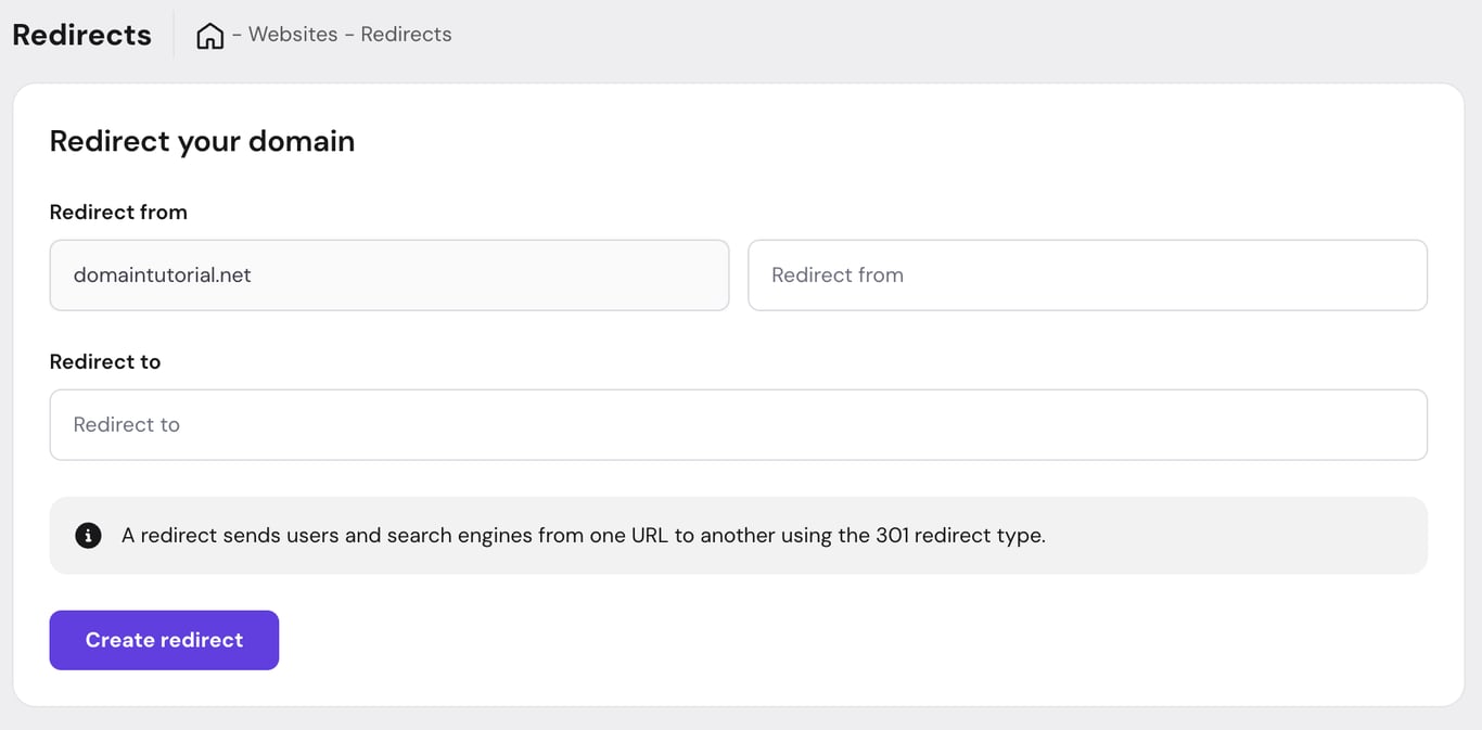 Websites redirects page for creating a domain redirect, with source domain filled in