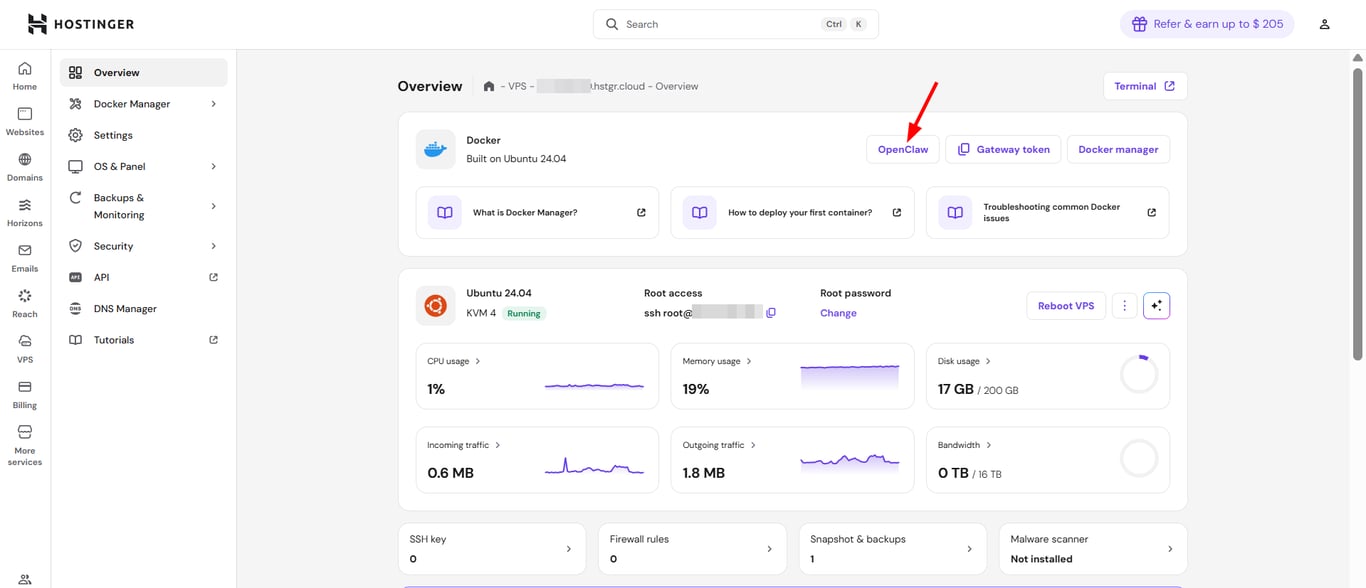Hostinger VPS overview with OpenClaw button highlighted in the Docker section