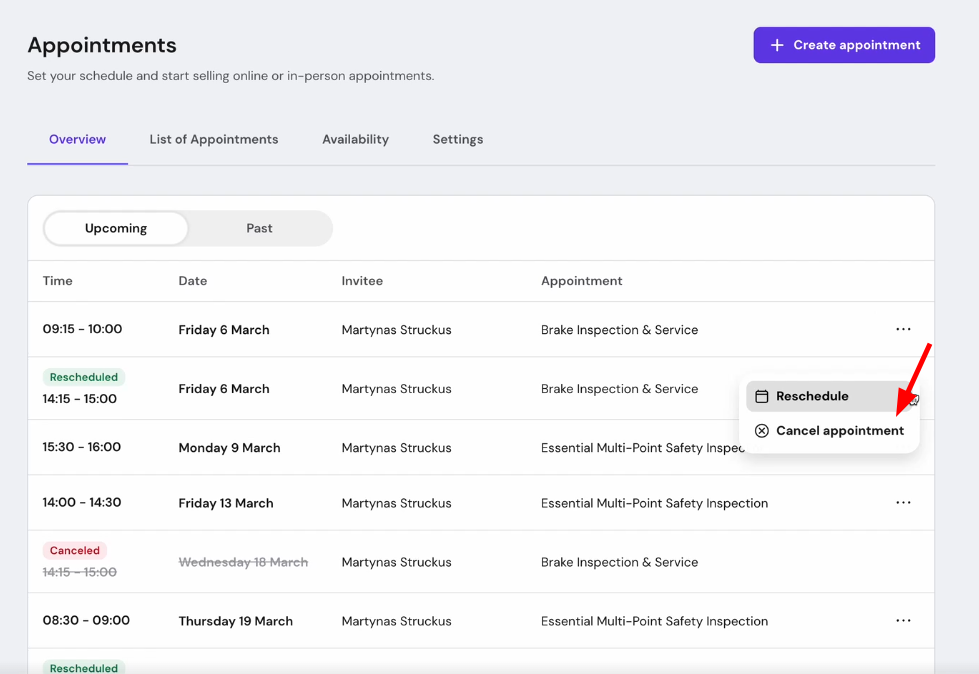 Appointments menu open with Cancel appointment option highlighted