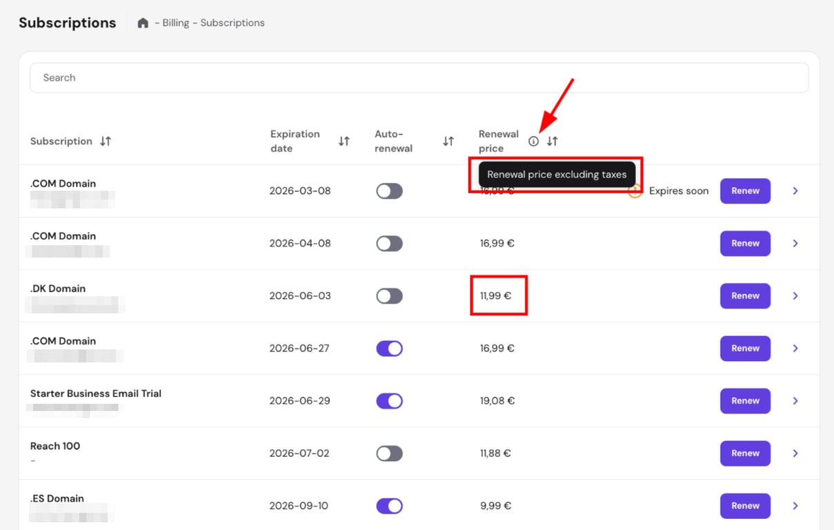 Subscriptions billing page with tooltip showing renewal price excluding taxes for a domain subscription