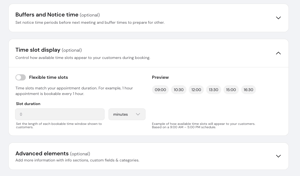 Booking settings for time slot display with flexible slots toggle and preview times