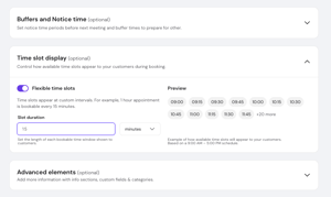 Booking settings showing flexible time slots enabled with 15-minute slot duration and preview times