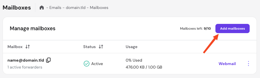 Hostinger emails mailbox management screen with the Add mailboxes button highlighted