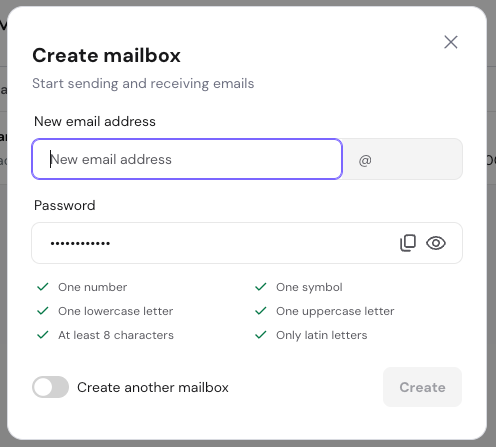 Hostinger email create mailbox popup with the new email address field focused