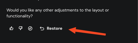 Hostinger AI Builder interface showing the Restore button highlighted by an orange arrow