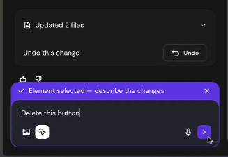 Selected prompt text reads &ldquo;Delete this button&rdquo; in a chat input with a send button and undo option