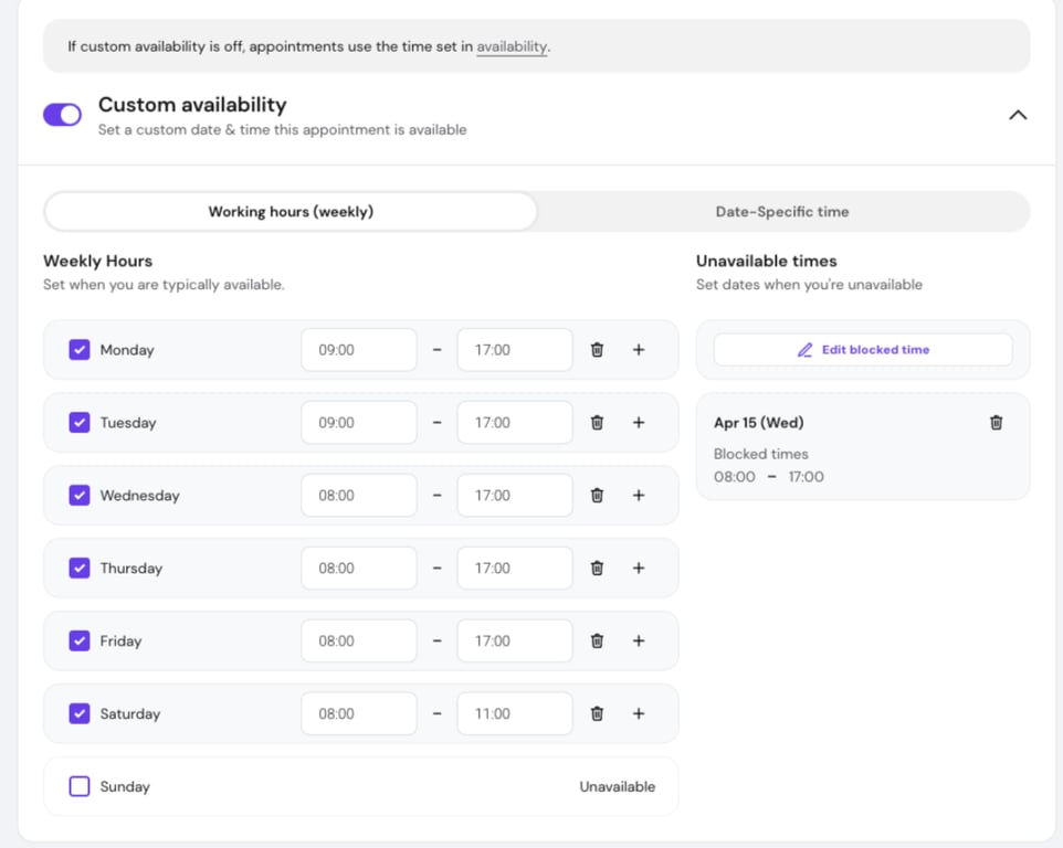 Custom availability scheduling screen with weekly hours and blocked time settings