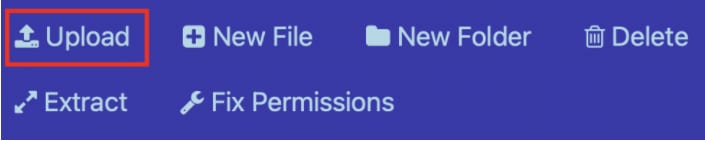 Gestionnaire de fichiers CyberPanel : bouton « Upload » mis en évidence