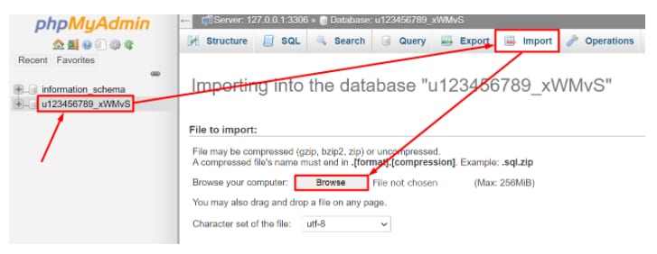 phpMyAdmin sur VPS avec base u123456789_xWMvS s&eacute;lectionn&eacute;e et onglet Import mis en &eacute;vidence