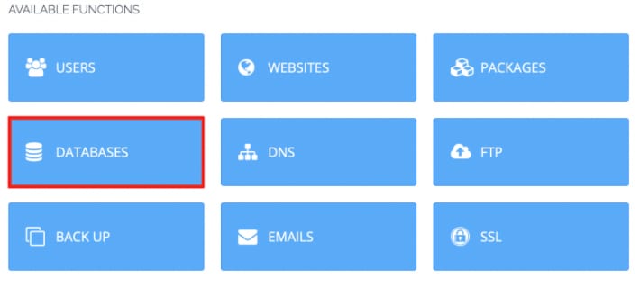 CyberPanel, bouton Bases de donn&eacute;es mis en &eacute;vidence sur le menu principal