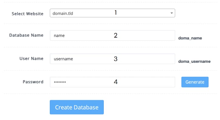 CyberPanel : formulaire de cr&eacute;ation de base de donn&eacute;es avec bouton &laquo; Create Database &raquo; mis en avant