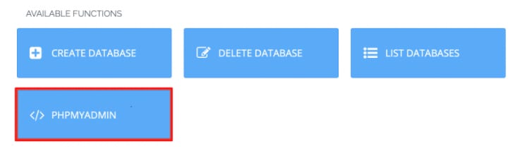 CyberPanel : bouton PHPMyAdmin mis en &eacute;vidence pour acc&eacute;der aux bases de donn&eacute;es