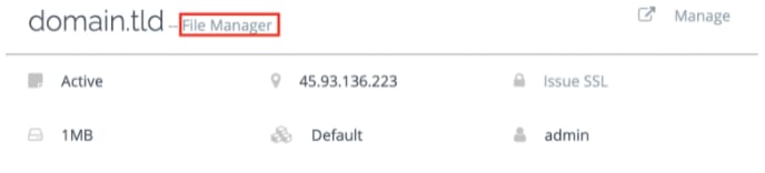 CyberPanel : onglet File Manager mis en évidence à côté du domaine
