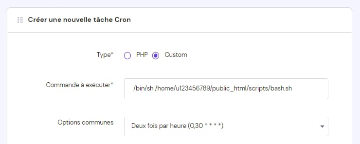 Hostinger : cr&eacute;ation d&rsquo;une t&acirc;che Cron personnalis&eacute;e avec commande bash.sh et fr&eacute;quence deux fois par heure