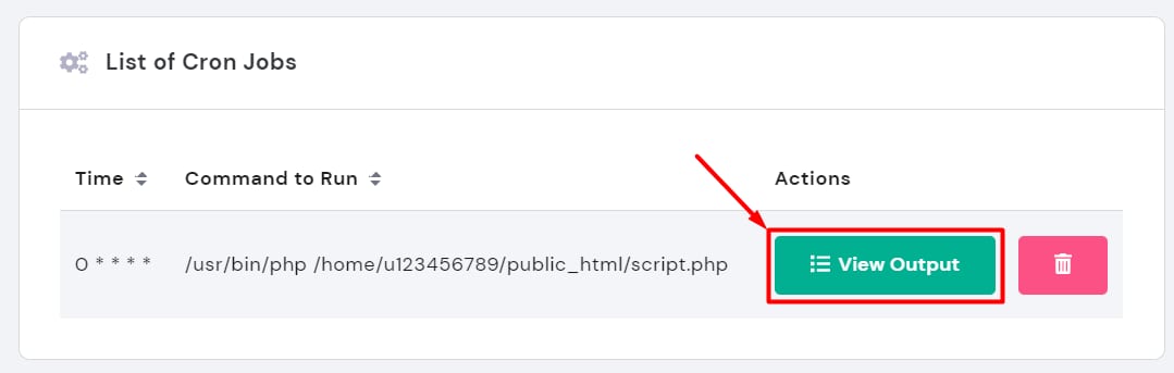 Hostinger hPanel&nbsp;: bouton &laquo; View Output &raquo; d&rsquo;une t&acirc;che cron mis en &eacute;vidence