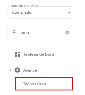 hPanel Hostinger&nbsp;: menu Avanc&eacute; avec T&acirc;ches Cron s&eacute;lectionn&eacute;