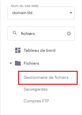 Menu Hostinger : Gestionnaire de fichiers mis en &eacute;vidence dans la barre lat&eacute;rale