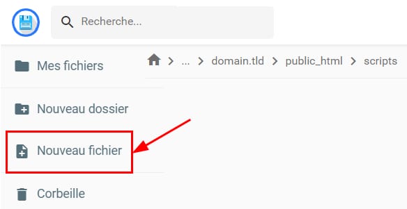 Gestionnaire de fichiers Hostinger : bouton &laquo; Nouveau fichier &raquo; mis en &eacute;vidence