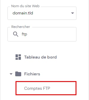 Menu Hostinger avec l’option Comptes FTP encadrée en rouge