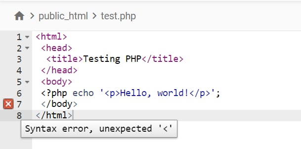 Éditeur PHP affichant une erreur de syntaxe « unexpected '