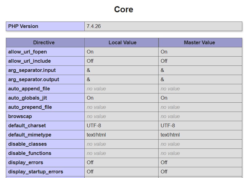 Hostinger PHP Info : version PHP 7.4.26 et tableau des directives de configuration