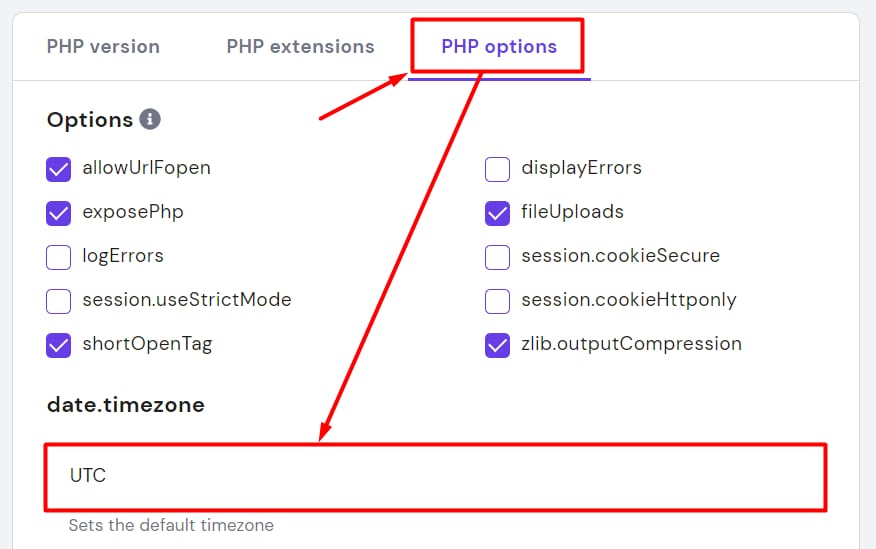 Options PHP de Hostinger avec l’onglet PHP options et le fuseau horaire UTC mis en évidence