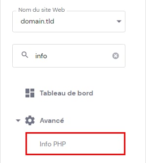 Panneau Hostinger, menu Avancé avec l’option Info PHP mise en évidence